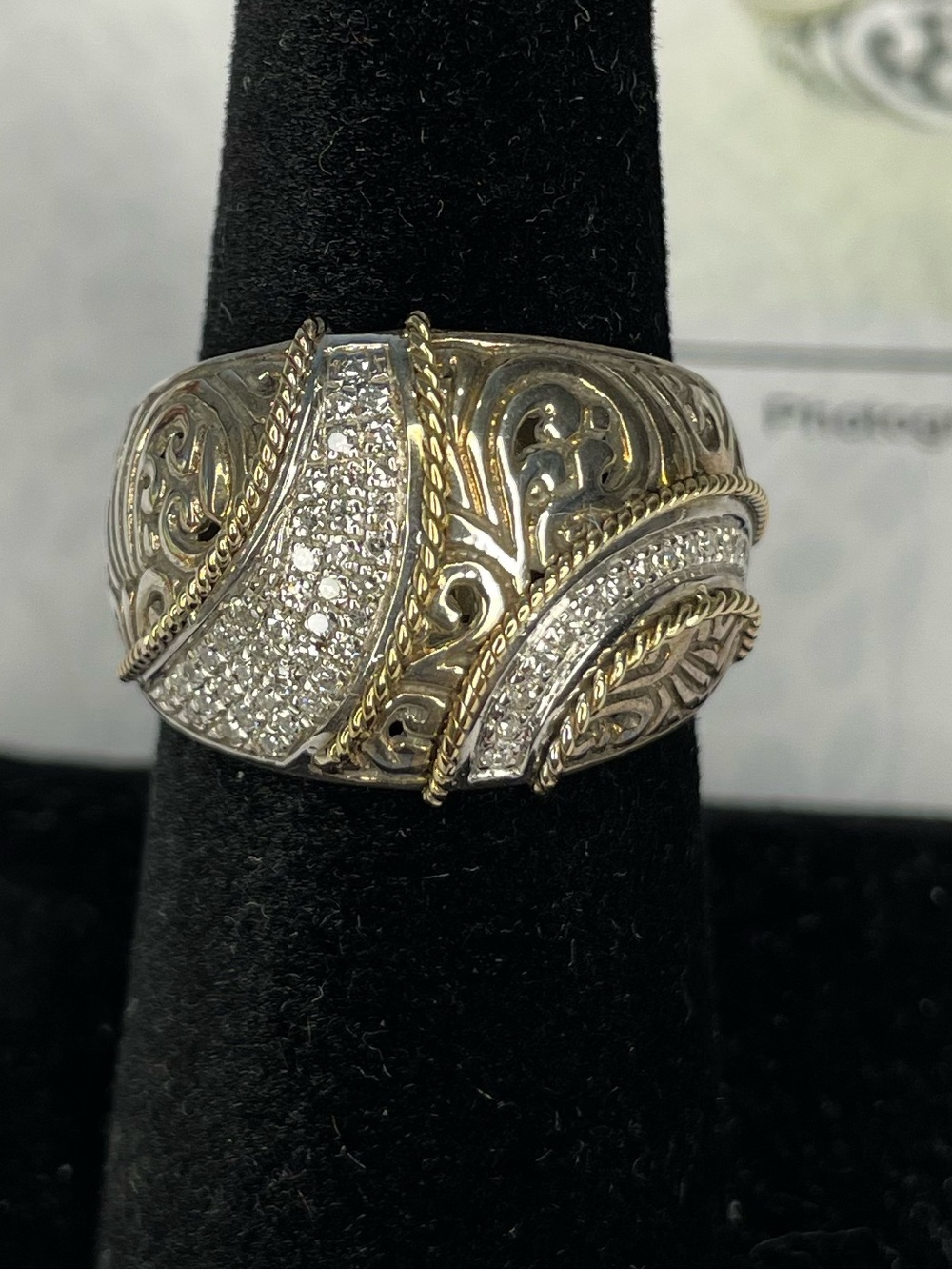 EFFY Vintage Two-Tone 18K Gold & 925 Silver Pave Diamond Band Ring Size 7.2